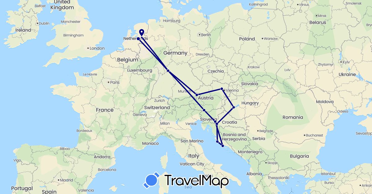 TravelMap itinerary: driving in Austria, Germany, Croatia, Hungary, Netherlands, Slovenia (Europe)