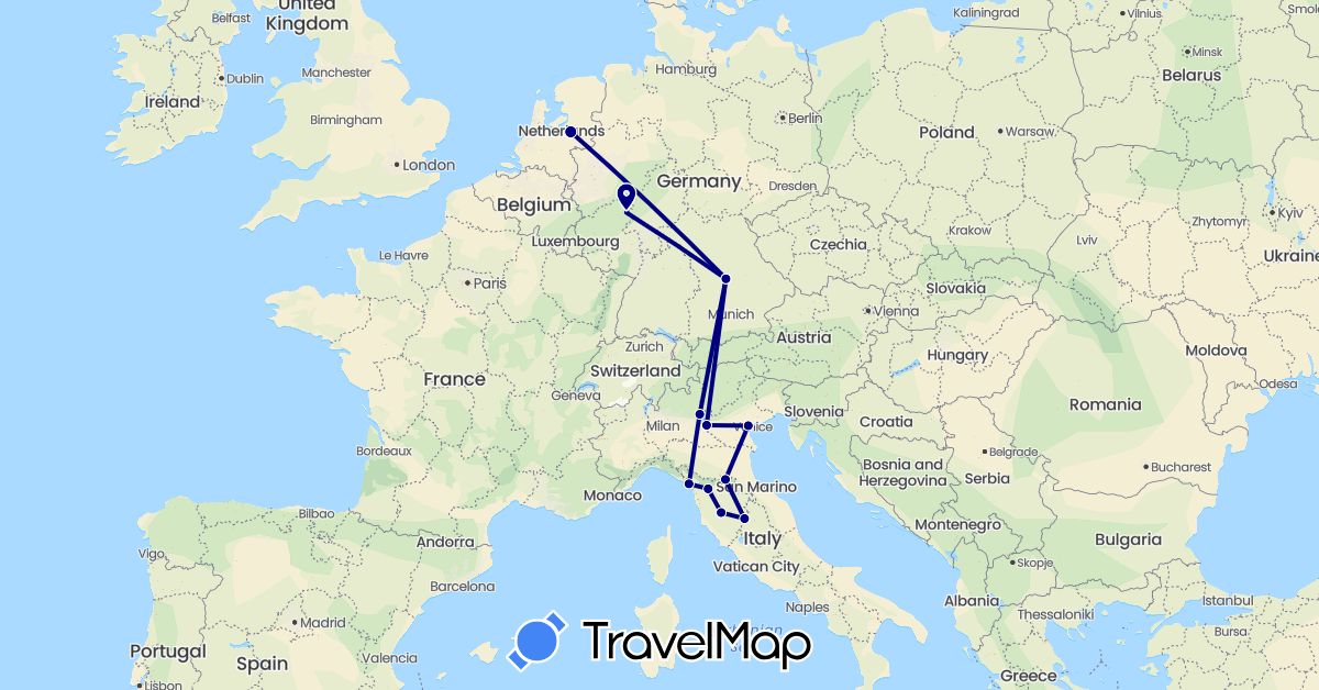 TravelMap itinerary: driving in Germany, Italy, Netherlands (Europe)